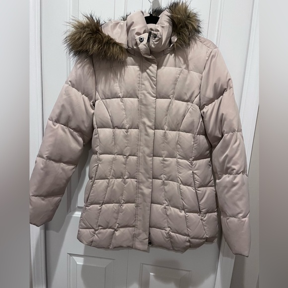 Mid-length Down filled coat Cream with fur trimmed Hood Sz M - Picture 6 of 8